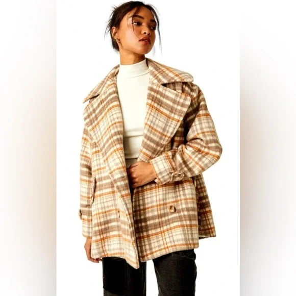 NEW! Free People Women's Highlands Wool Peacoat, in Brown and Cream. Size L